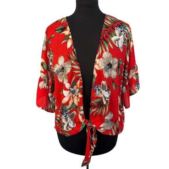 Hyped Unicorn Red Tropical Hawaiian Print Knotted Front Shrug Top, Size L - Picture 1 of 7